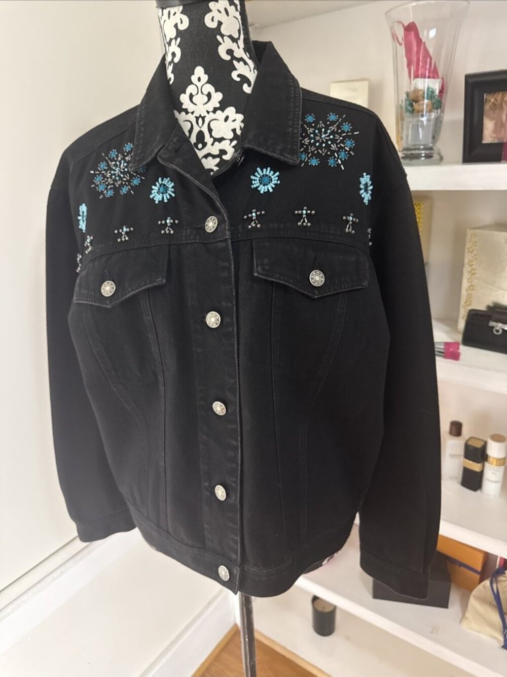VTG CAROLE LITTLE Sport Womens 8 Black Denim Jean Jacket Turquoise Beads Western